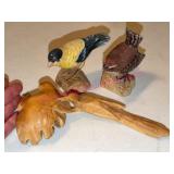 Three Carved Bird Figurines, Wood & Painted