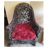 Antique Carved Wooden Chair w/Red Velvet Cushion