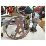 Metal Welcome Sign & Bird Feeders