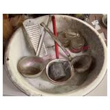 Old Enamel Pan w/Ladles, Glass Coasters, RC Opener