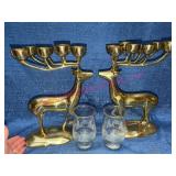 Nice Brass Reindeer Pair & 2 Holiday Glasses