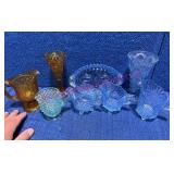 8 Pcs Blue & Amber Pressed Glassware