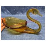 Art Glass Amber Swan-Shaped Dish
