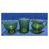 3 Antique Green Glass Footed Pieces c1908 Era