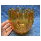 Hand-Blown Amber Crackle Glass Vase w/Ruffled Rim