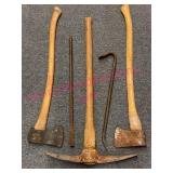 Pick, 2 Axes & 2 Pry Bars, Wood & Metal Tools