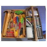 Flat & Tray of Tools & Drill Bits, Nut Drivers
