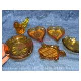 Amber Glass Trinket Dishes, Ashtrays & Bird Fig