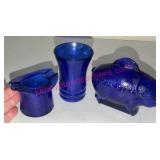 Cobalt Blue Glass Hat, Vase & Piggy Bank