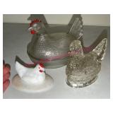 Clear Glass Hen on Nest, White Hen Lid & Hen Fig
