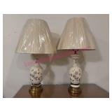 Pair Vtg Table Lamps Floral w/Brass Bases