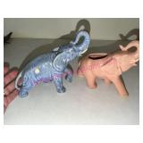 Ceramic Elephant Figurines Blue & Pink Glaze Pair