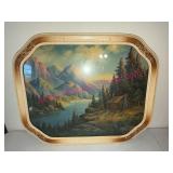 Framed Landscape Print w/Cabin & Mountains