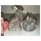 Pressed Clear Glass Rabbit Figure & Covered Dish