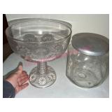 Glass Compote Dish & Glass Jar w/ Metal Lid