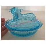 Blue Pressed Glass Lamb Covered Dish