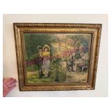 Framed Color Lithograph of Courting Scene