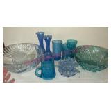 Blue & Clear Pressed Pattern Glass Bowls & Vases