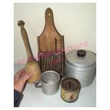 Kitchenware: Grater, Grease Tin, Mallet, Cup, Bank