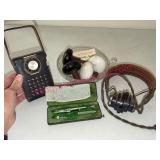 Lot: Old Meter, Headphones, Door Knobs, Compass