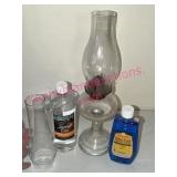 Glass Oil Lamp w/Chimney & Lamp Oil Bottles