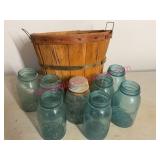 Half Bushel Basket w/8 Ball Perfect Mason Jars