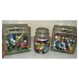 3 Glass Jars Filled w/Assorted Glass Marbles
