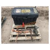 Pallet of Assorted Tools- Box, Vise, Jack