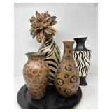 Four Animal Print Vases and Tray