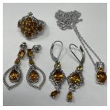 Citrine, Plat/Sterling Necklace, Earrings, Ring