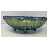 Blue Carnival Glass Footed Bowl
