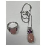 Pink Opal Plat/Sterling Ring and Necklace