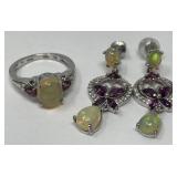 Opal and Rhodolite Garnet Sterling Ring, Earrings