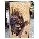 Hand Painted Raccoons on Board, Signed 1978