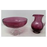 Cranberry Glass Pitcher and Pedestal Bowl