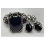 Shungite, Platinum over Sterling Earrings, Ring