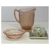 Chintz Butter Dish, Pink Depression Glass
