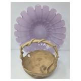 Pottery Basket and Colored Glass Dish