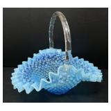 Fenton Blue Opalescent Hobnail Ruffled Edge Basket