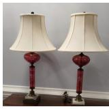 Cut to Clear Cranberry and Brass Lamps