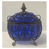 Cobalt Blue Covered Dish In Metal Stand