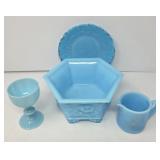 Westmoreland Blue Frosted Glass Bowl, Plate, Cup
