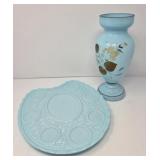 Antique Blue Opaline Vase and Milk Glass Plate