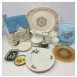 Collection of Vintage Plates, Tea Container, Cups