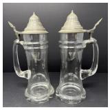 Clear Glass Beer Steins with Pewter Lids