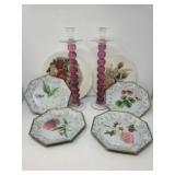 Colored Glass Candlesticks and Decorative Plates