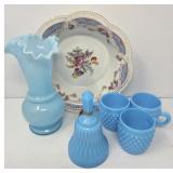 Vintage Bavarian Bowl Fenton Vase Blue Opal Cups