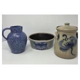 Salt Glazed Pottery Bowl Canister and Pitcher