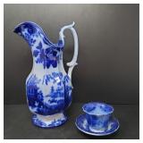 Ironstone Flow Blue Pitcher, Bowl & Teacup