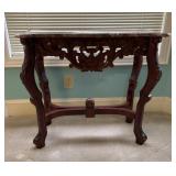 Carved Wood Entry Way Table with Pink Marble Top